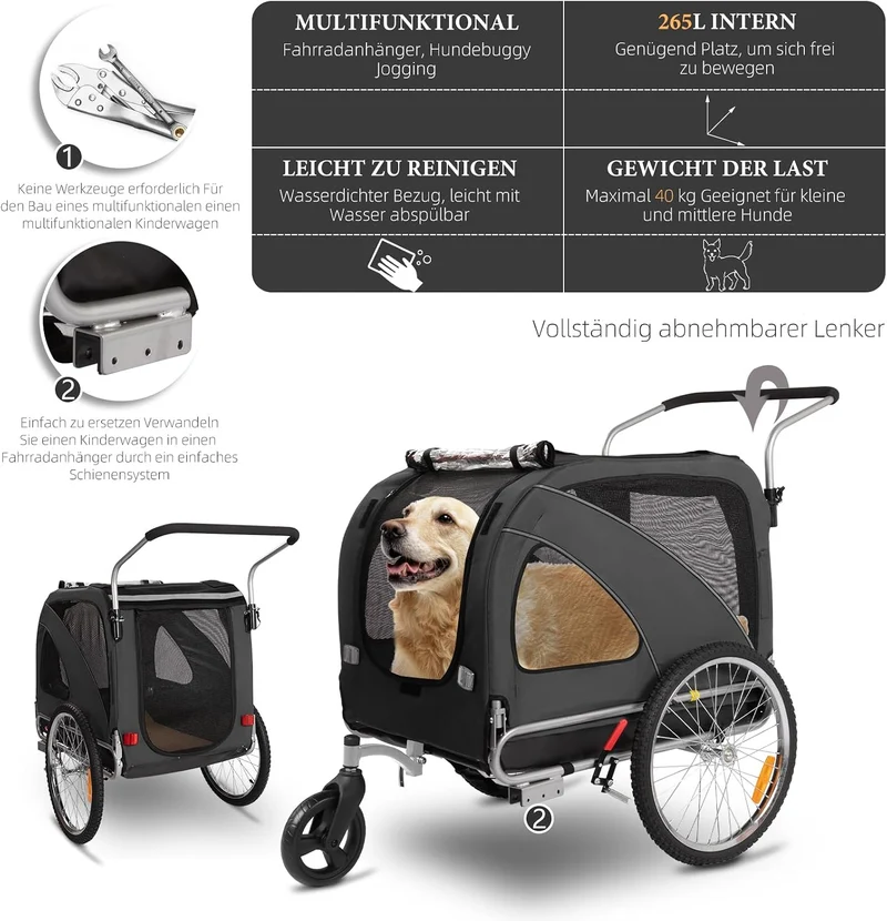 XL Hundeanhänger Fahrrad & Jogger 2-in-1 mit Handbremse und Reflektoren, stabiles 600D Oxford-Gewebe