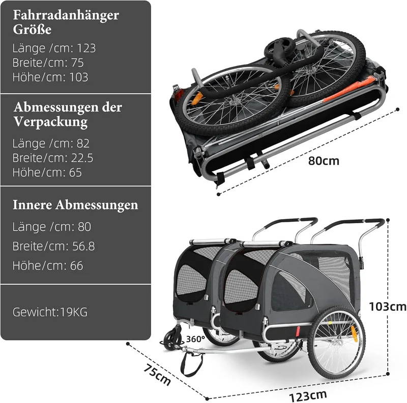XL Hundeanhänger Fahrrad & Jogger 2-in-1 mit Handbremse und Reflektoren, stabiles 600D Oxford-Gewebe