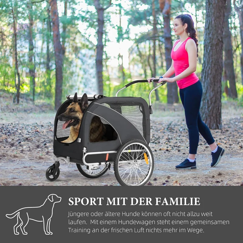 XL Hundeanhänger Fahrrad & Jogger 2-in-1 mit Handbremse und Reflektoren, stabiles 600D Oxford-Gewebe