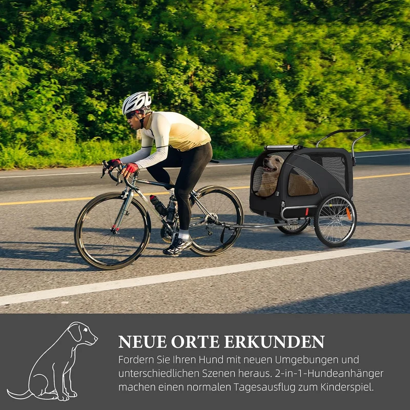 XL Hundeanhänger Fahrrad & Jogger 2-in-1 mit Handbremse und Reflektoren, stabiles 600D Oxford-Gewebe