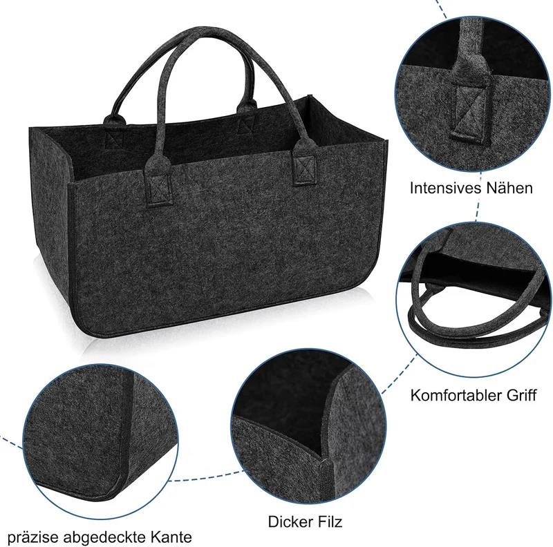 4 Stück Filztaschen Kaminholztasche Filz, Faltbar Kaminholzkorb Filztasche Shopper für Holz Zeitunge