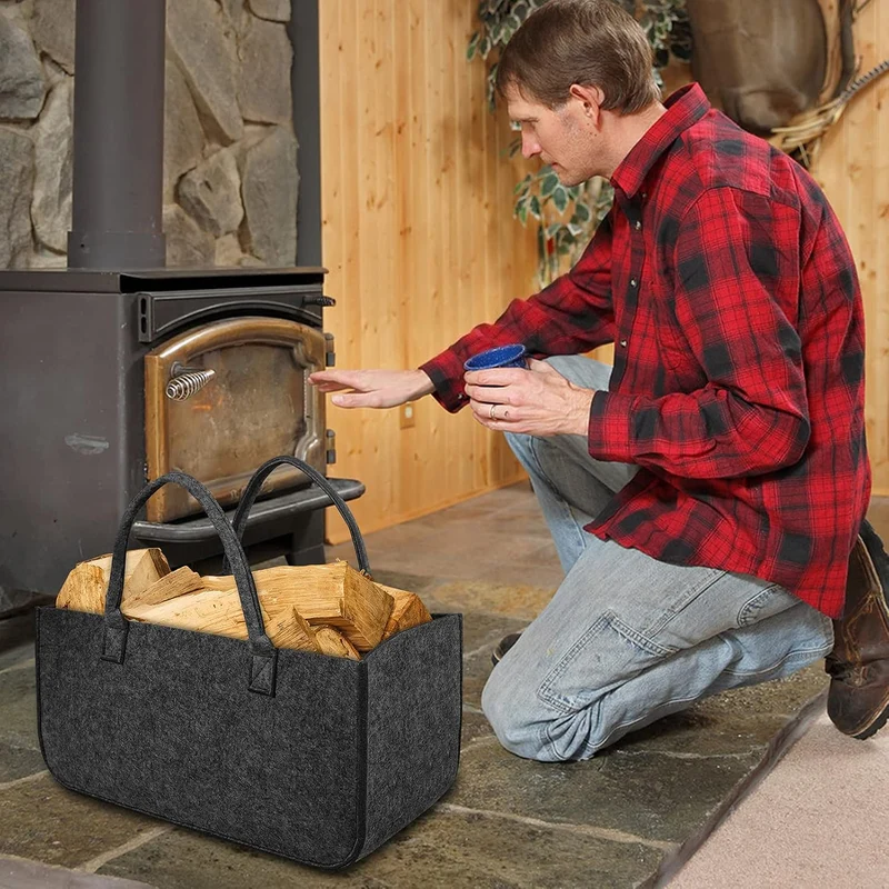 4 Stück Filztaschen Kaminholztasche Filz, Faltbar Kaminholzkorb Filztasche Shopper für Holz Zeitunge