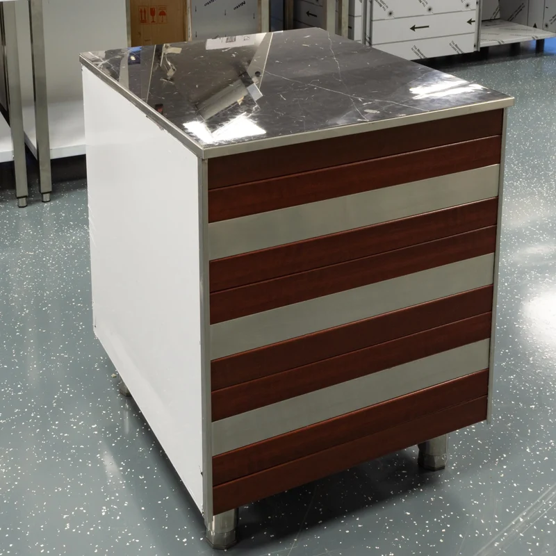 Edelstahl Kassentisch mit Holz Verkleidung Arbeitsschrank 60 cm Marmor Schwarz