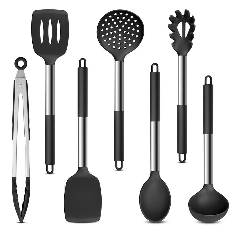 Herogo Küchenhelfer Set, 7 Stück Silikon Küchenutensilien Set, Küchenutensilienset mit Edelstahlgrif