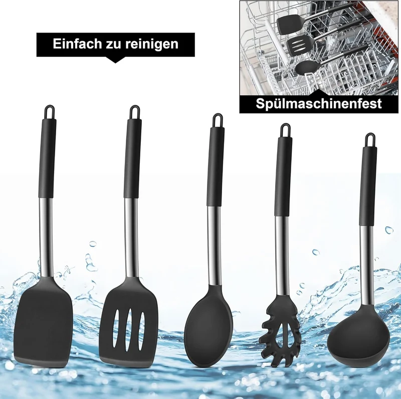 Herogo Küchenhelfer Set, 7 Stück Silikon Küchenutensilien Set, Küchenutensilienset mit Edelstahlgrif