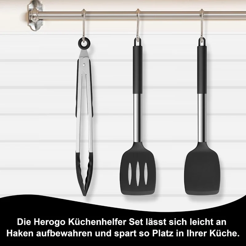 Herogo Küchenhelfer Set, 7 Stück Silikon Küchenutensilien Set, Küchenutensilienset mit Edelstahlgrif