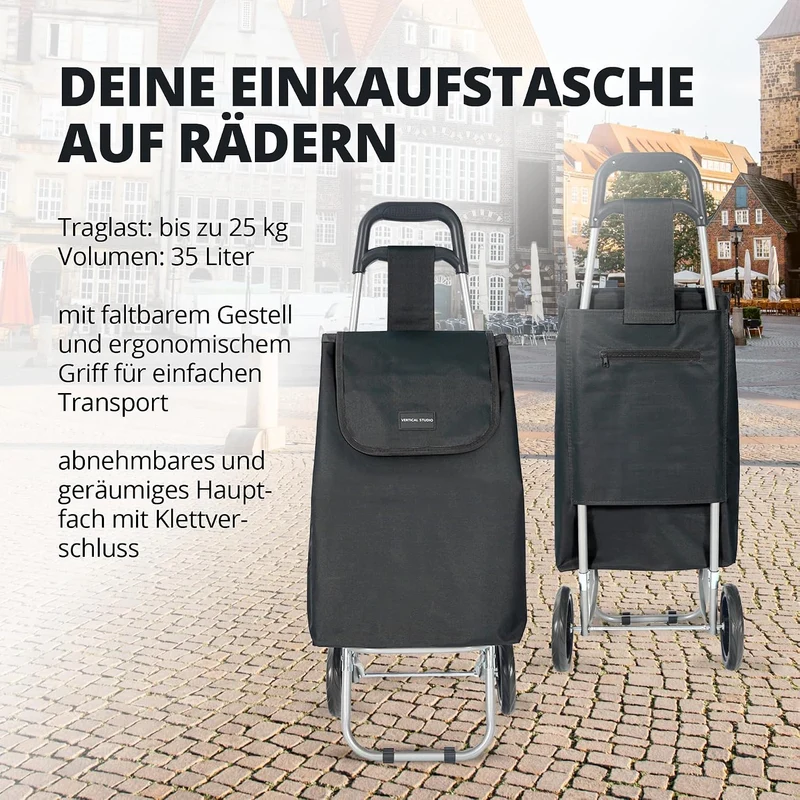 Einkaufstrolley 35 L – Klappbar, leicht & robust, mit Alugestell, Reissverschlusstasche & Klettversc