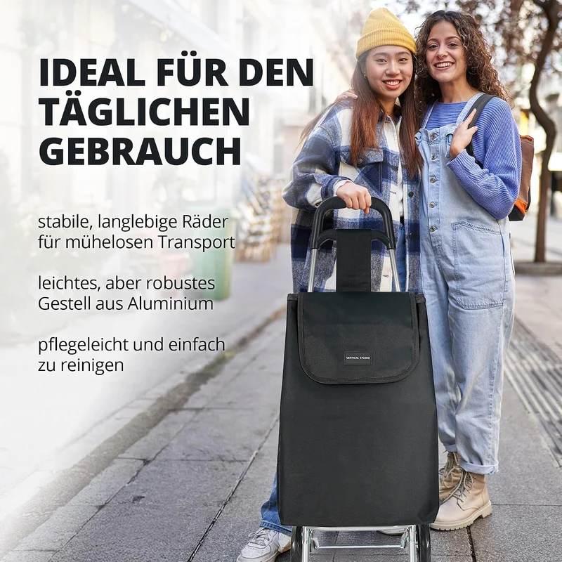Einkaufstrolley 35 L – Klappbar, leicht & robust, mit Alugestell, Reissverschlusstasche & Klettversc