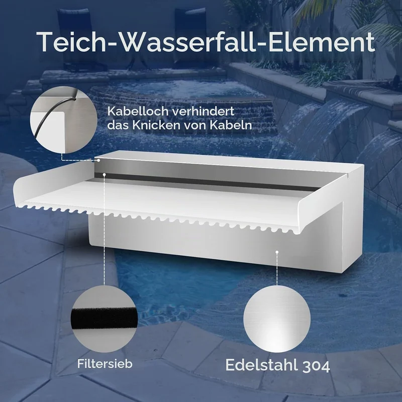 Pool Brunnen Edelstahl Teich Wasserfall Spillway Kits für Innen-/Aussendekorativ, 60x20x10cm Pool Wa