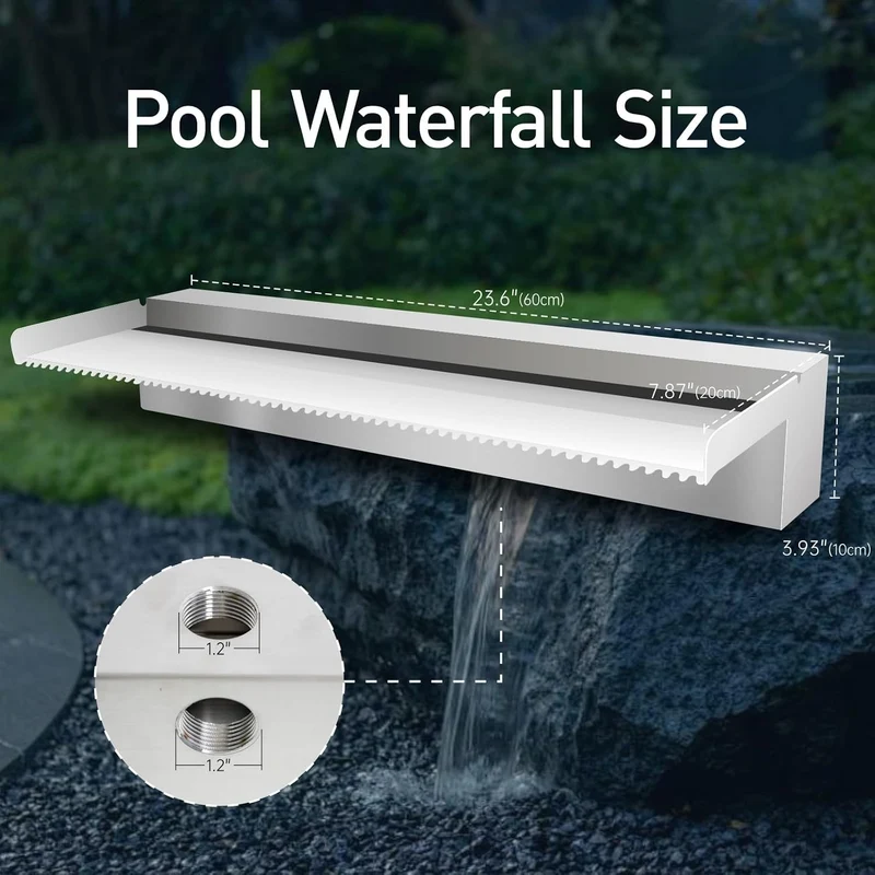 Pool Brunnen Edelstahl Teich Wasserfall Spillway Kits für Innen-/Aussendekorativ, 60x20x10cm Pool Wa