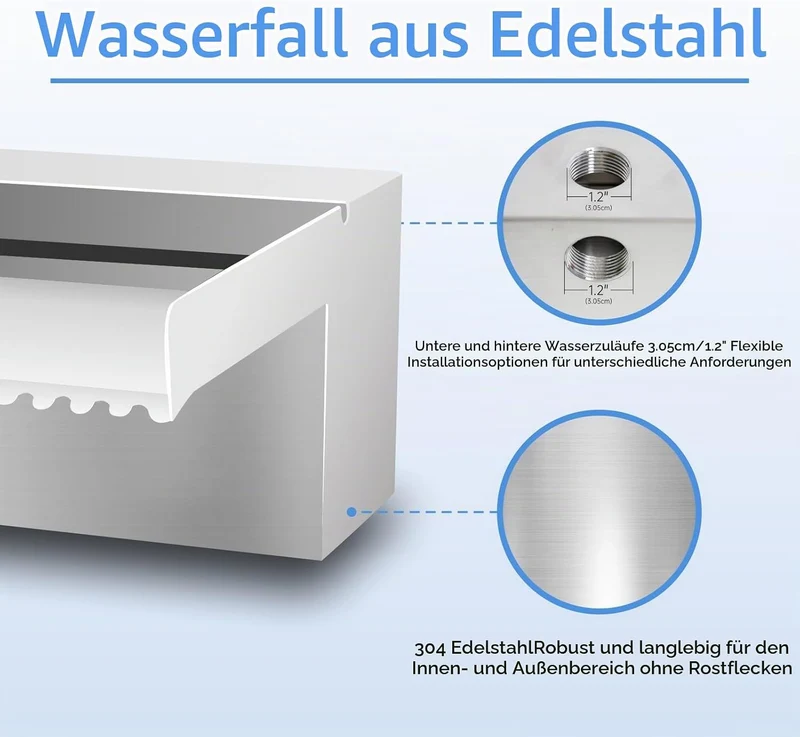 Pool Brunnen Edelstahl Teich Wasserfall Spillway Kits für Innen-/Aussendekorativ, 60x20x10cm Pool Wa