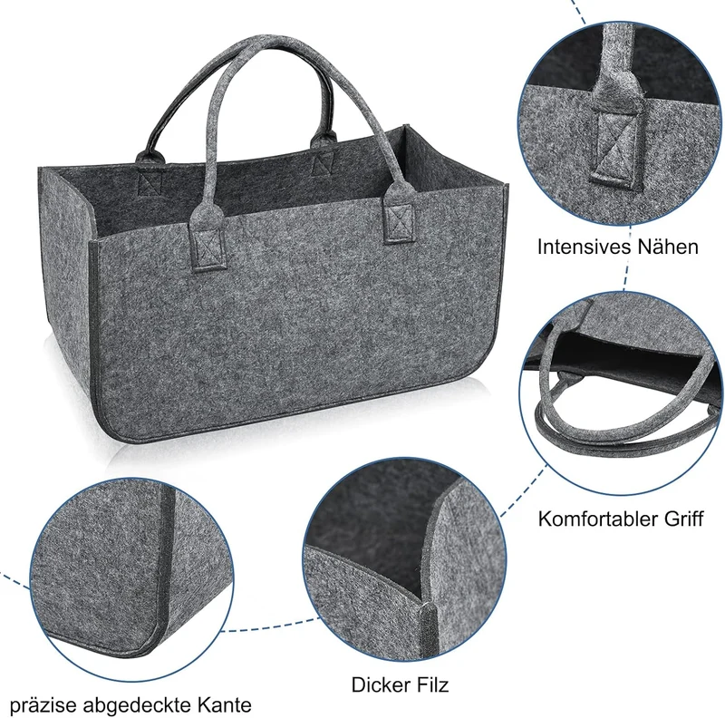 4 Stück Faltbar Kaminholztasche aus Filz Einkaufstasche Filztasche für Kaminholz 50 x 25x 25 cm Mult
