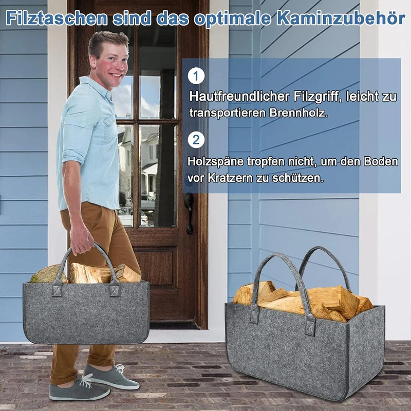 4 Stück Faltbar Kaminholztasche aus Filz Einkaufstasche Filztasche für Kaminholz 50 x 25x 25 cm Mult