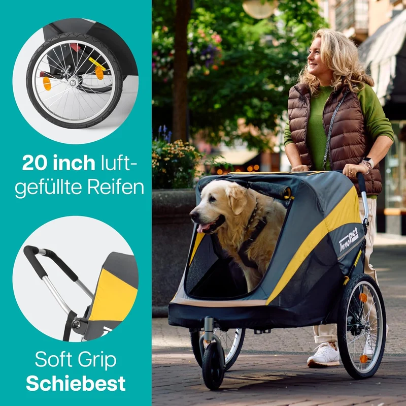 Innopet grosser Hundebuggy und Fahrradanhänger Trailer Hercules Gelb/Grau - 2in1 mit Umbauset und Re