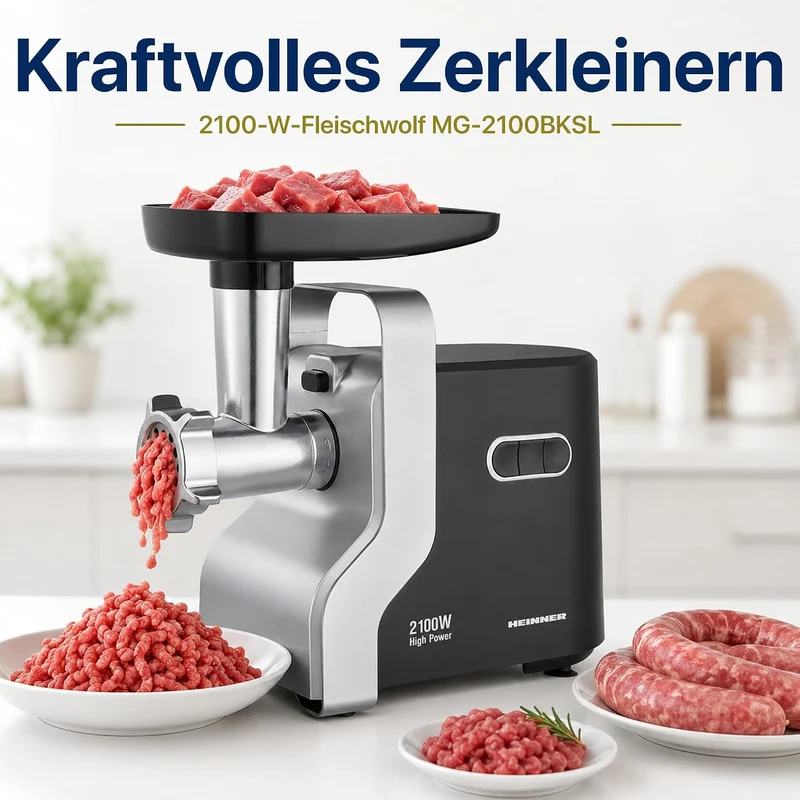 MG-2100BKSL Fleischwolf - 2100W Elektrischer Fleischwolf mit Edelstahlklingen, 3 Schneidplatten, Tom