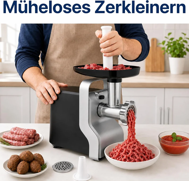 MG-2100BKSL Fleischwolf - 2100W Elektrischer Fleischwolf mit Edelstahlklingen, 3 Schneidplatten, Tom