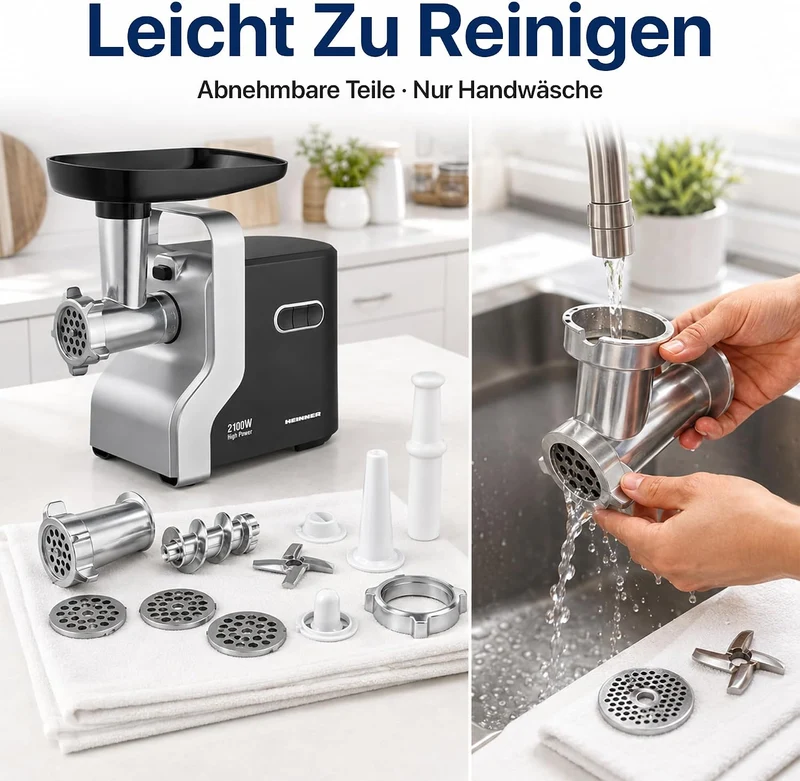 MG-2100BKSL Fleischwolf - 2100W Elektrischer Fleischwolf mit Edelstahlklingen, 3 Schneidplatten, Tom