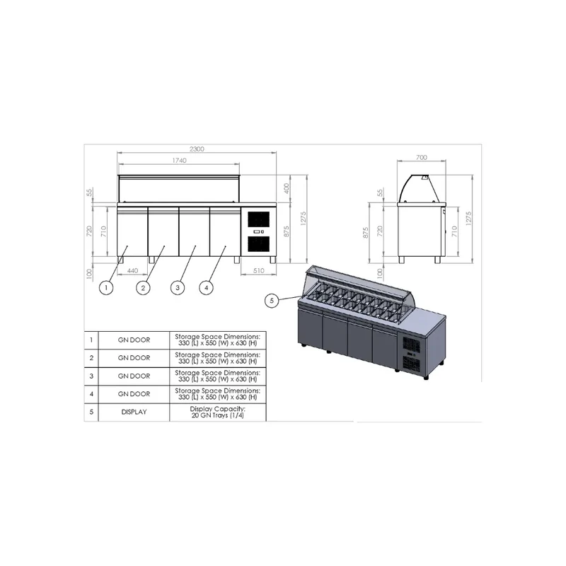 Gastronics Salattheke mit Kassentisch Premium – Kühltheke mit extra breiter Arbeitsfläche 235 x 70 x 125 cm, 80 cm Arbeitsfläche