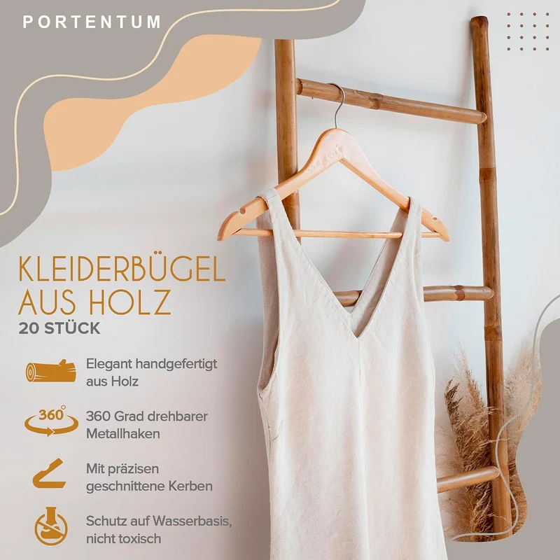 PORTENTUM Kleiderbügel Holz, 20 Stück, Naturfarben - 360° Drehbarer Haken, Rockkerben für Kleider un