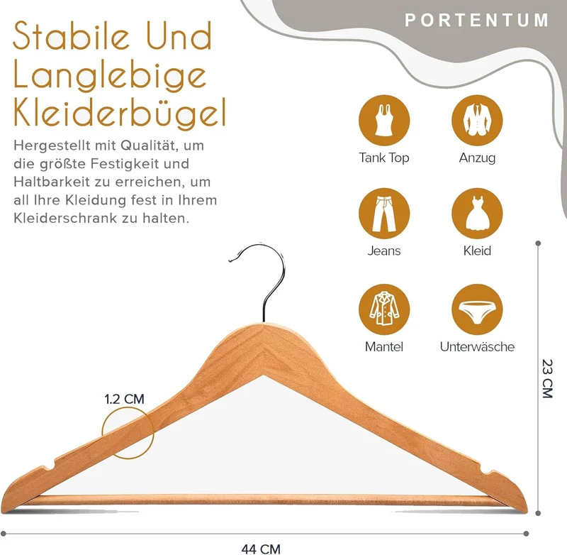 PORTENTUM Kleiderbügel Holz, 20 Stück, Naturfarben - 360° Drehbarer Haken, Rockkerben für Kleider un