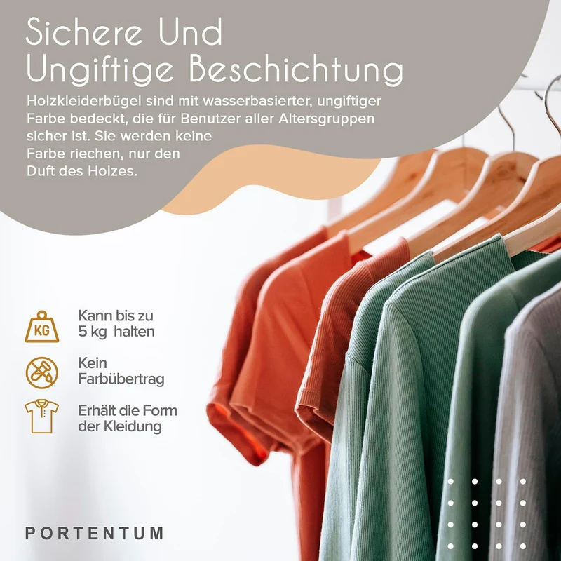 PORTENTUM Kleiderbügel Holz, 20 Stück, Naturfarben - 360° Drehbarer Haken, Rockkerben für Kleider un