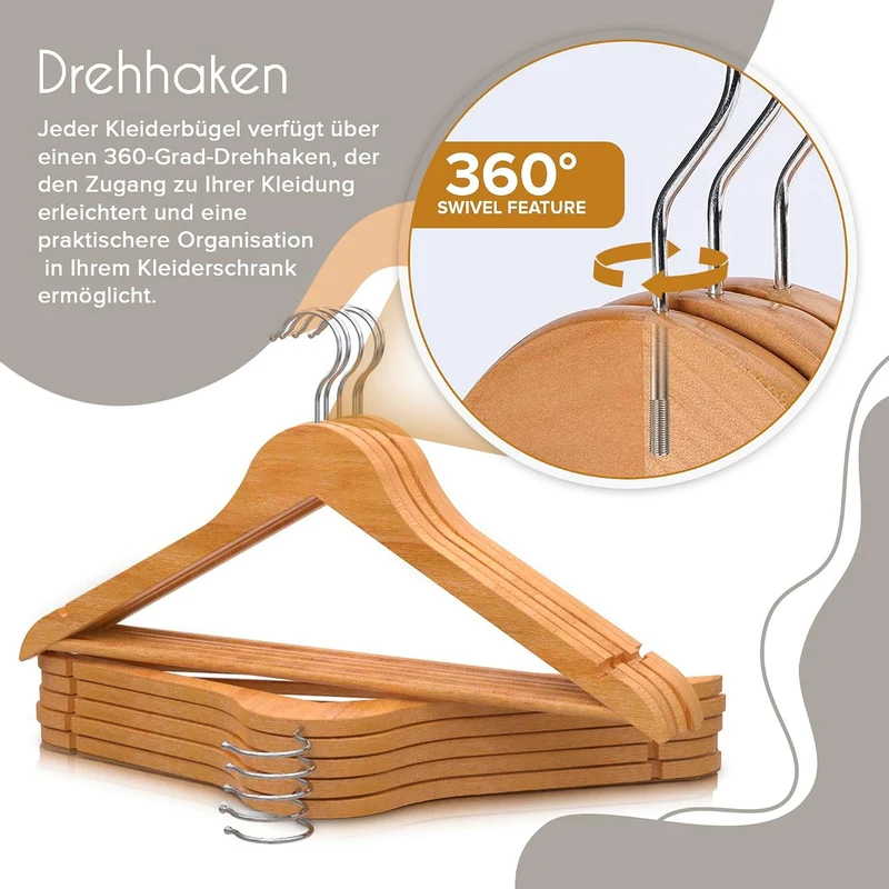 PORTENTUM Kleiderbügel Holz, 20 Stück, Naturfarben - 360° Drehbarer Haken, Rockkerben für Kleider un