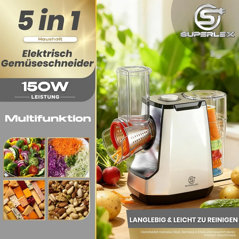 Elektrisch Gemüseschneider 5-in-1, Gemüsehobel mit 5 austauschbaren Trommelklingen, Käsereibe für Ob