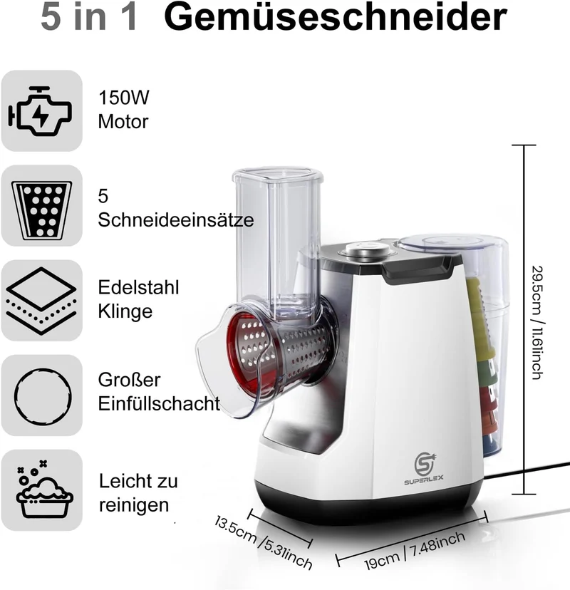 Elektrisch Gemüseschneider 5-in-1, Gemüsehobel mit 5 austauschbaren Trommelklingen, Käsereibe für Ob