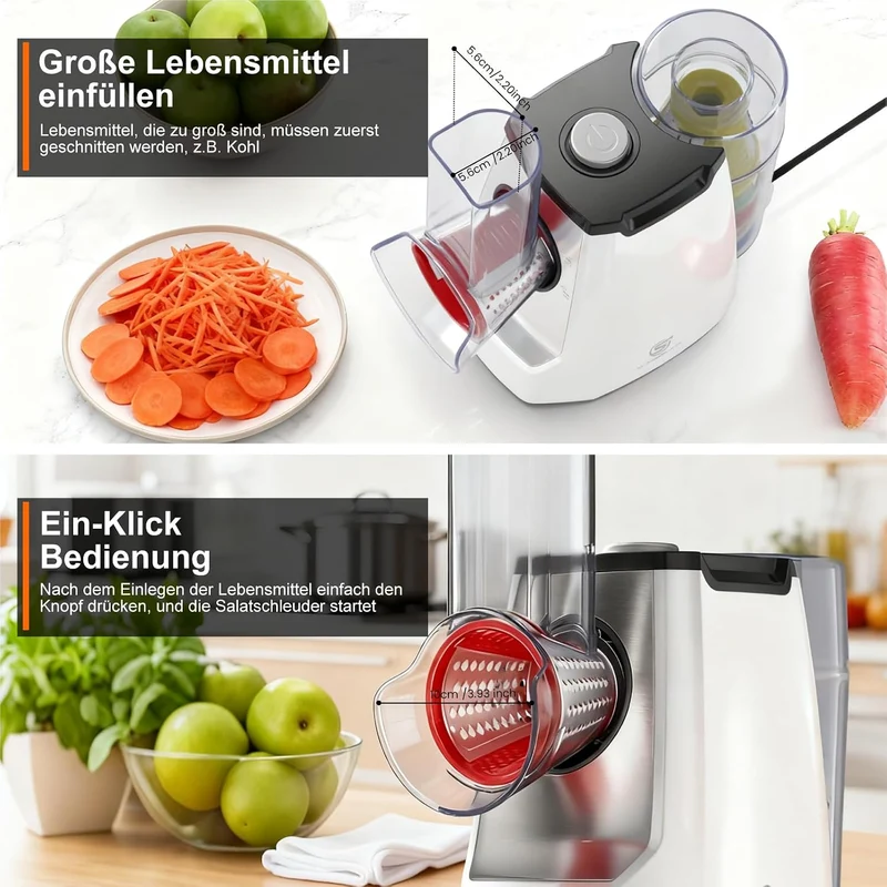 Elektrisch Gemüseschneider 5-in-1, Gemüsehobel mit 5 austauschbaren Trommelklingen, Käsereibe für Ob