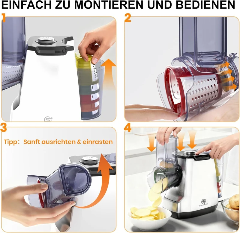 Elektrisch Gemüseschneider 5-in-1, Gemüsehobel mit 5 austauschbaren Trommelklingen, Käsereibe für Ob