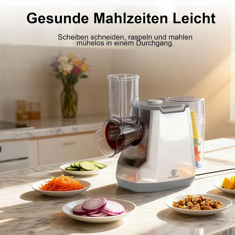 Elektrisch Gemüseschneider 5-in-1, Gemüsehobel mit 5 austauschbaren Trommelklingen, Käsereibe für Ob