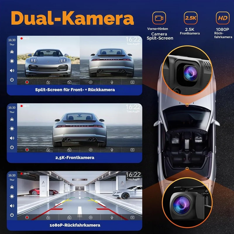 Volam 9.26 Zoll Carplay Display mit 2.5K Dashcam Auto Vorne,1080P Rückfahrkamera, Wireless A-pple Ca