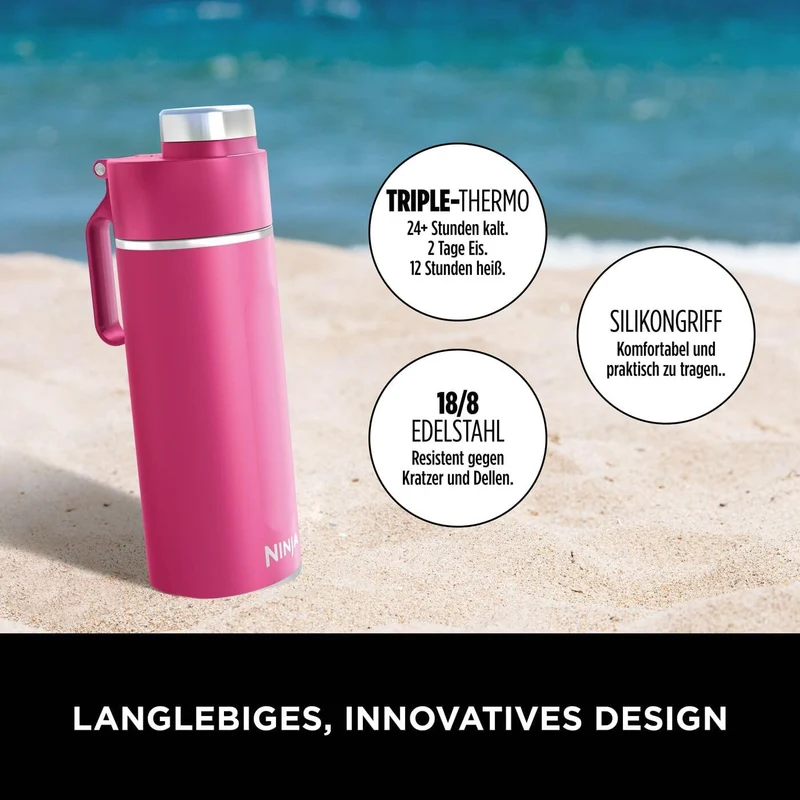 Ninja Thirsti Wasserflasche, Thermobecher to go, 700ml, auslaufsicherer Deckel, für kohlensäurehalti