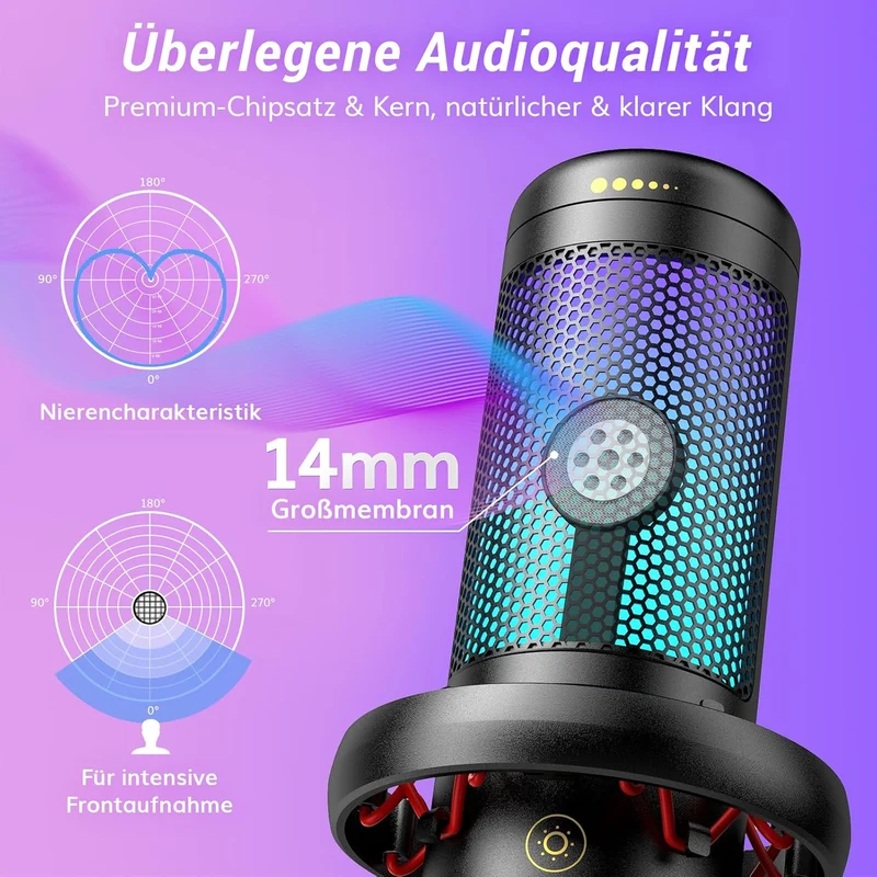 TONOR Gaming Mikrofon PC mit RGB-Modi & Helligkeit einstellbar, USB/Type-C Microphone für Streaming