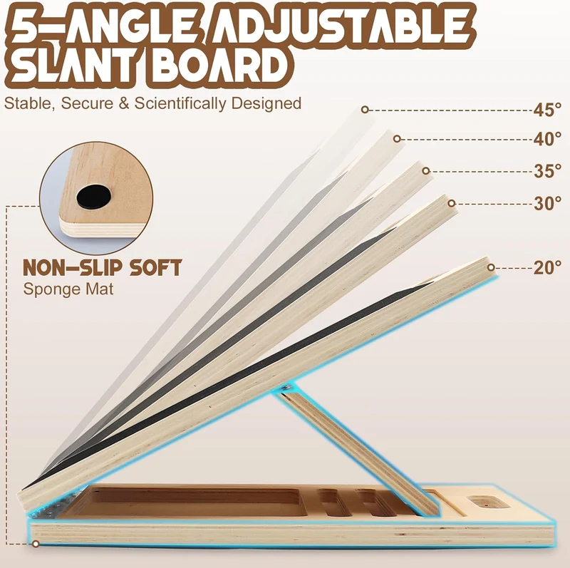 Verstellbares Schrägbrett aus Holz 40 × 30 × 4,5 cm mit 5 elastischen Bändern – rutschfeste Fitness-