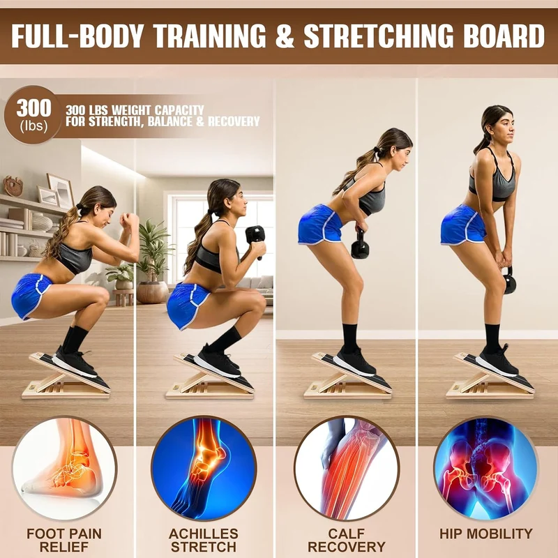 Verstellbares Schrägbrett aus Holz 40 × 30 × 4,5 cm mit 5 elastischen Bändern – rutschfeste Fitness-