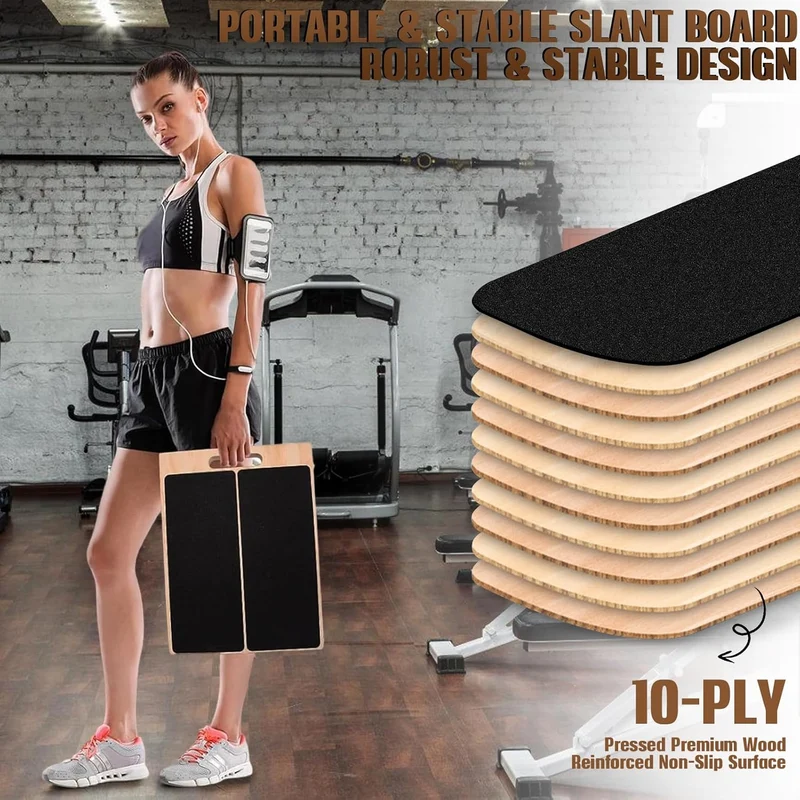 Verstellbares Schrägbrett aus Holz 40 × 30 × 4,5 cm mit 5 elastischen Bändern – rutschfeste Fitness-