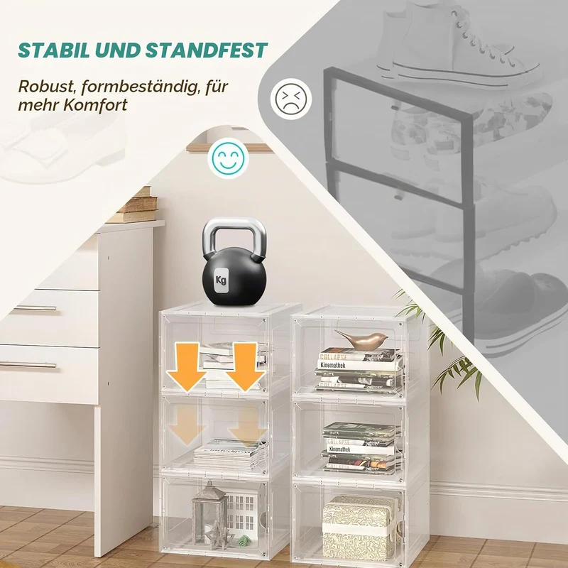 WOLTU Schuhboxen, 3er Set stapelbare Schuhbox, Schuhkarton Schuhkasten, mit magnetischer Tür, transp