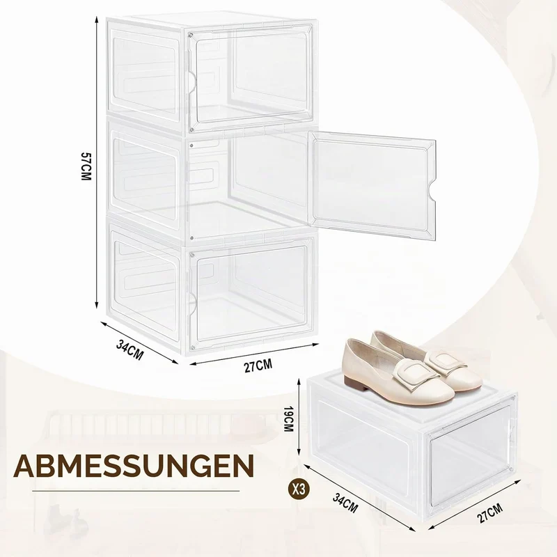 WOLTU Schuhboxen, 3er Set stapelbare Schuhbox, Schuhkarton Schuhkasten, mit magnetischer Tür, transp