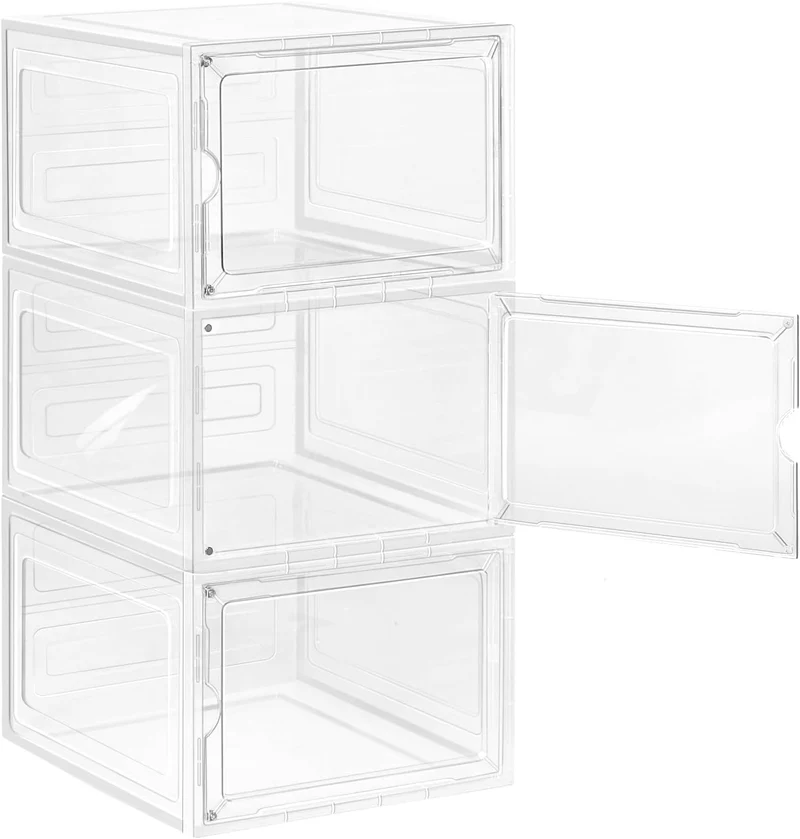 WOLTU Schuhboxen, 3er Set stapelbare Schuhbox, Schuhkarton Schuhkasten, mit magnetischer Tür, transp