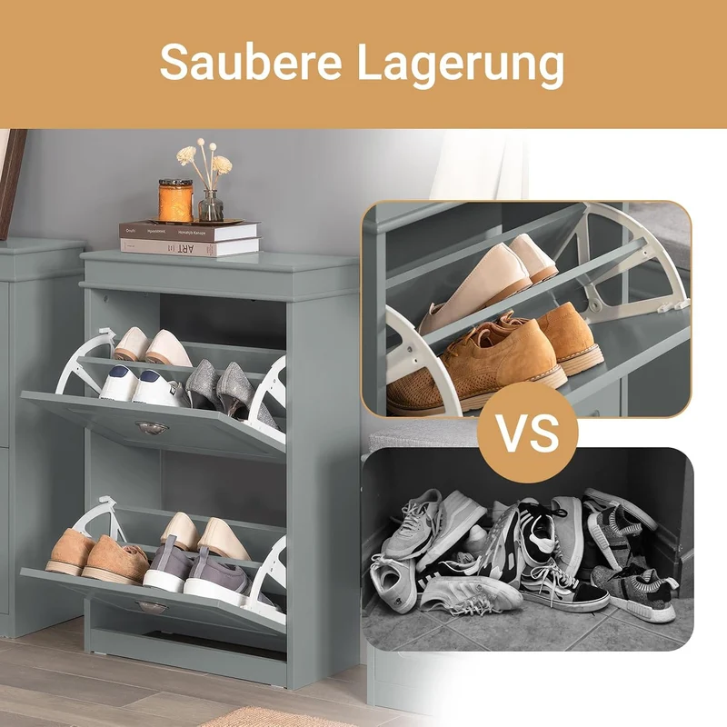 SoBuy Schuhschrank mit 2 Klappen - Schmaler Schuhkipper mit 4 Ablagen, Verstellbares Schuhregal für