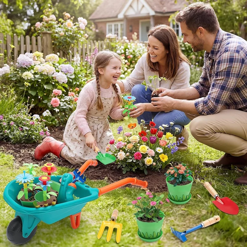 deAO Gartenset Kinder, Gartengeräte Spielzeug mit Schubkarre, Schaufel, Rechen, Blumentöpfe, Handsch