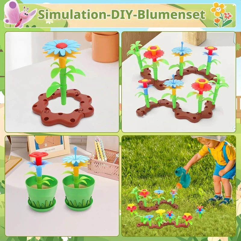 deAO Gartenset Kinder, Gartengeräte Spielzeug mit Schubkarre, Schaufel, Rechen, Blumentöpfe, Handsch