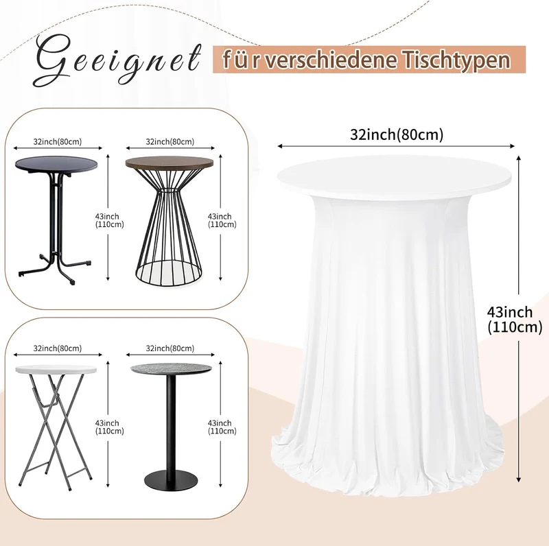 2er-Set Weiss Stehtisch Hussen Stretch mit Rock, 80 x 110 cm,schmutzabweisend, knitterfrei, waschbar