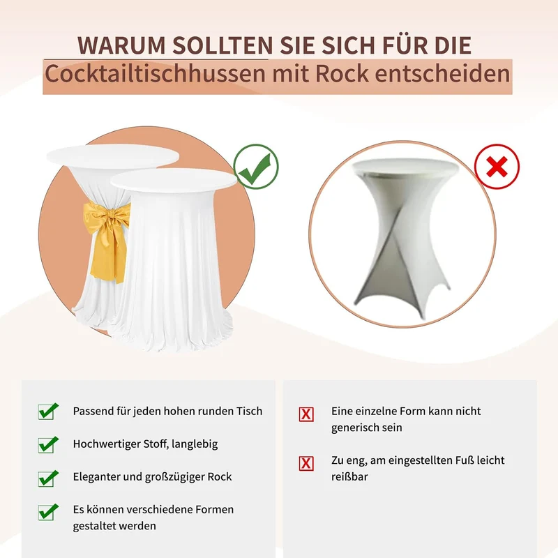 2er-Set Weiss Stehtisch Hussen Stretch mit Rock, 80 x 110 cm,schmutzabweisend, knitterfrei, waschbar