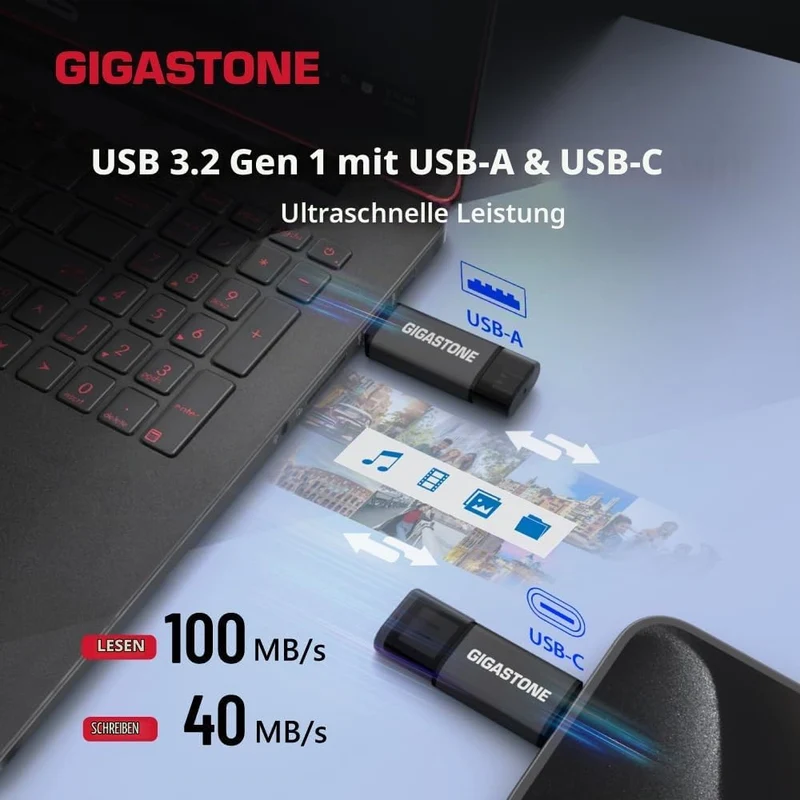 GIGASTONE 128GB Dual-Laufwerk (2 Stück) Z40 USB 3.2 Gen 1, 2-in-1 Type-A & Type-C, 100MB/s UltraSchn