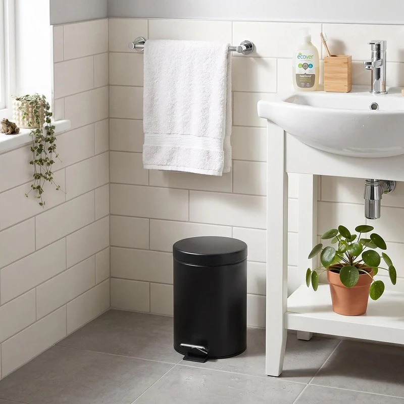 Beldray LA038098BLKFEU7 Badezimmer-Fusspedal-Mülleimer - Kleiner runder Edelstahl-Hygienemülleimer f
