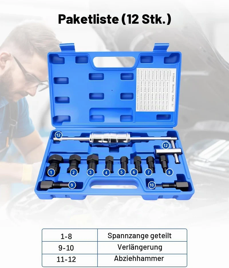 Sackloch Innenlager Abzieher Set, 12-TLG Radlager Abzieher Set mit Gleithammer & Verstellbaren Spann