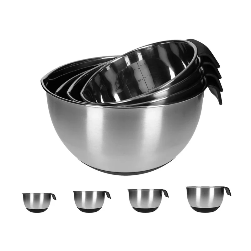TP Edelstahl Schüssel-Set mit Griff, inkl. Deckel, Skala und 4 Einsätzen zum Gemüsereiben 13-teilig