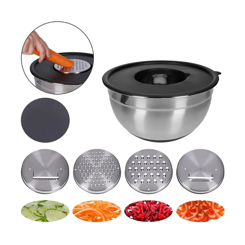 TP Edelstahl Schüssel-Set inkl. Deckel, Skala, und 4 Einsätzen zum Gemüsereiben 15-teilig